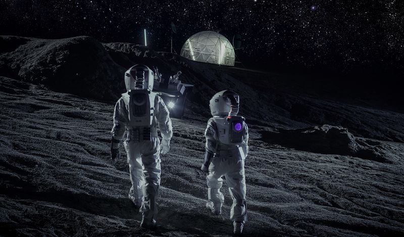 two astronauts walking in space, exploring