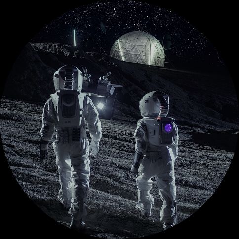 two astronauts walking in space, exploring