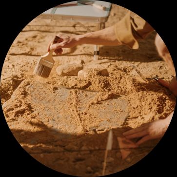 Image of someone looking for something carefully in the sand using a paintbrush