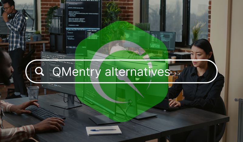 A man and woman at desks facing each other with QMentry logo overlay.