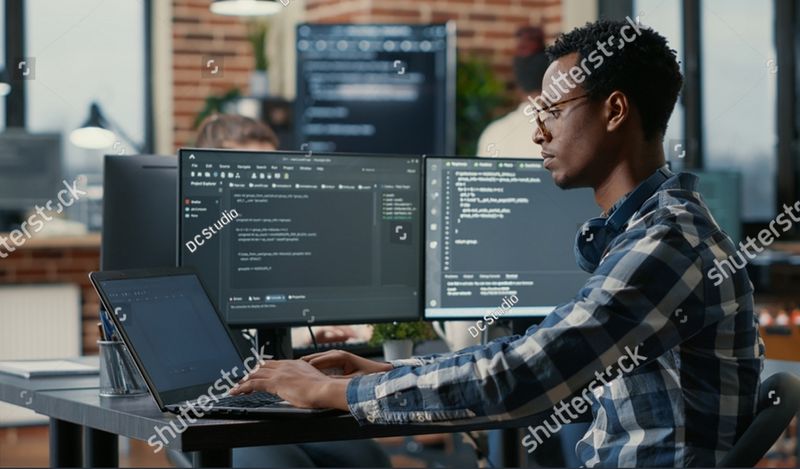 Man at computer with extra screens