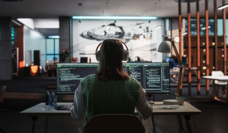 Women at computer screen with headphones on