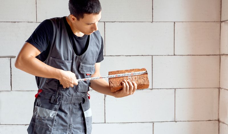A builder measuring a brick with a tape measure.