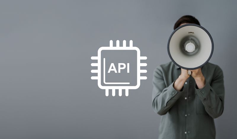 Image of someone at a microphone making an announcement with API logo ontop.