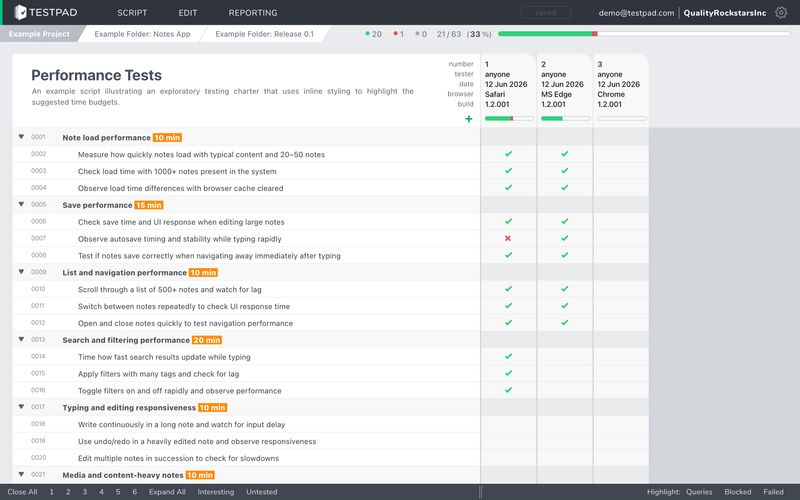 A charter and its prompts, with a time budget per group An exploratory testing charter in Testpad: groups of prompts, each with a time budget, results in columns