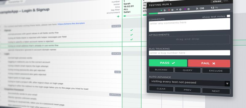A manual testing checklist in Testpad with plain-text test prompts down the left and a pass/fail run panel on the right
