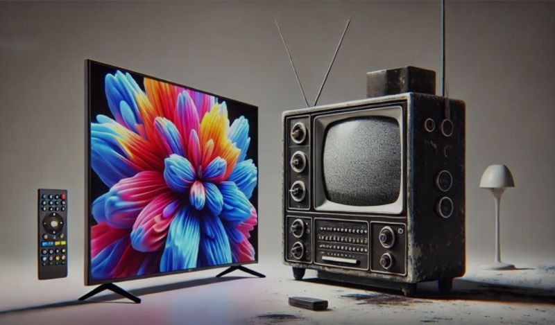 An old fashioned tv with static next to a modern flatscreen showing bright colors