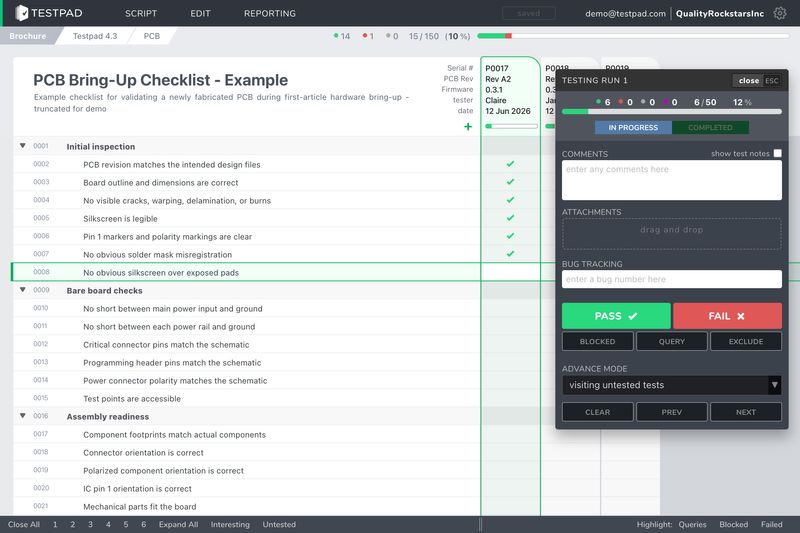 A PCB bring-up checklist in Testpad, mid test run with pass/fail one keypress away