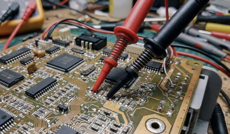 Hardware-testing-a-PCB A printed circuit board on the bench during hardware testing