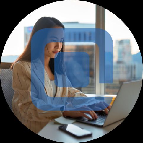 Women at a computer with Tricentist qTest logo on top