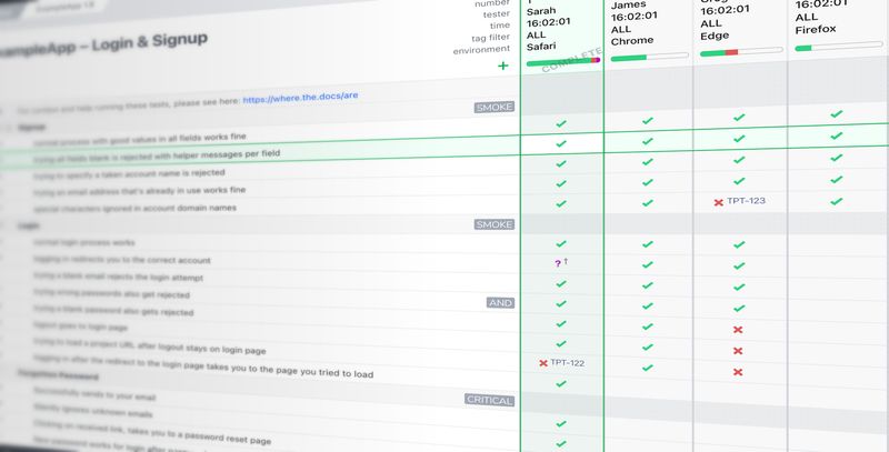 System testing checklist in Testpad with test runs as columns building a grid of results