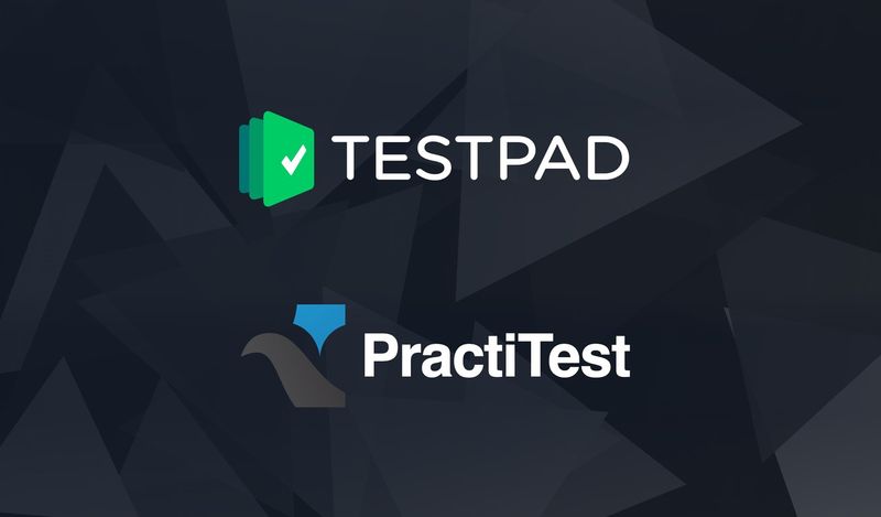 Testpad and PractiTest logos over a black and white photo of a QA inspector checking a clipboard