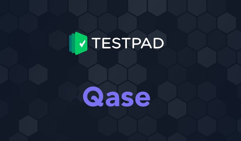Testpad vs Qase Testpad and Qase logos over a dark geometric background