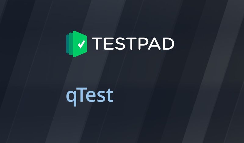 Testpad and qTest logos over a black and white photo of a QA inspector checking a clipboard
