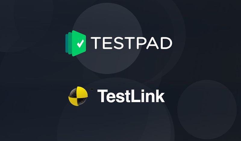 Testpad and TestLink logos over a black and white photo of a QA inspector checking a clipboard
