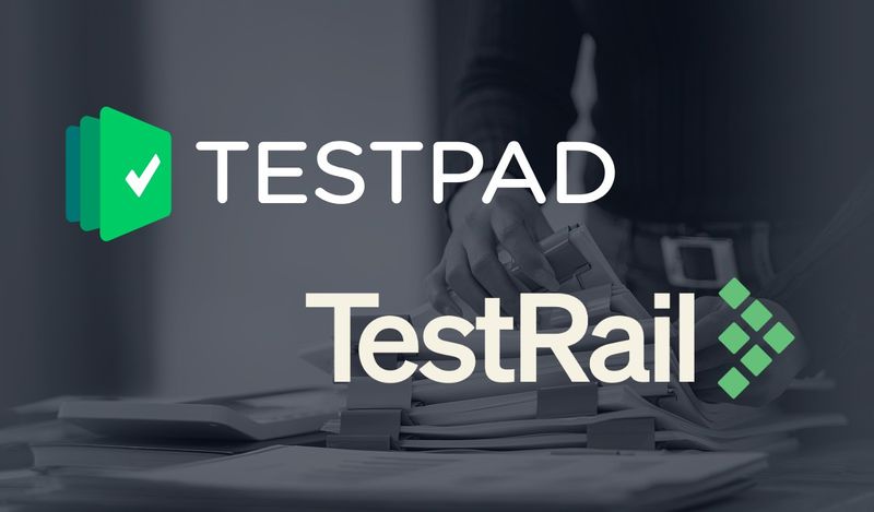 Testpad and TestRail logos over a black and white photo of stacks of test paperwork