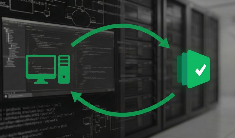 a computer and the Testpad logo exchanging events, over a data-centre background