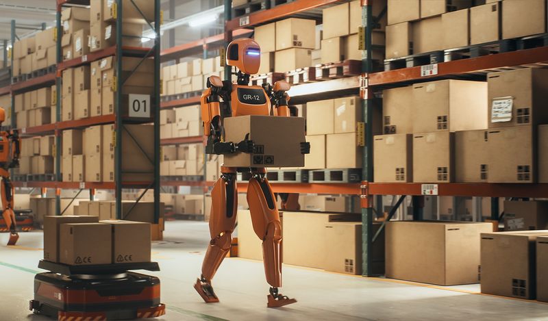 Image of a robot carrying a box in a warehouse.