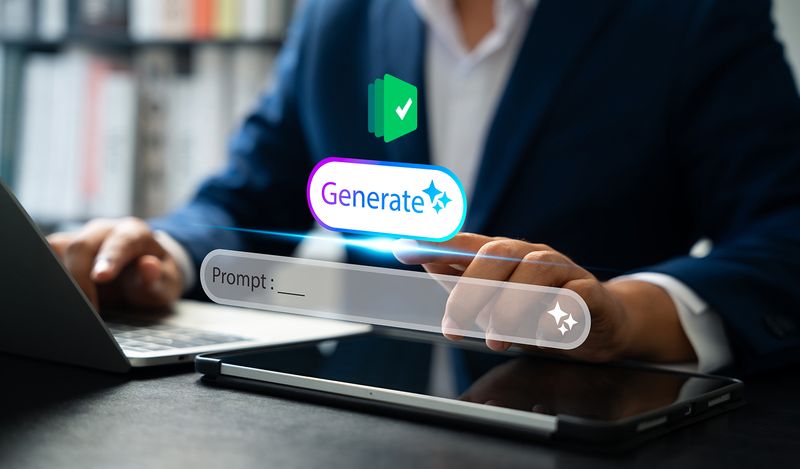 A person at a laptop with an AI prompt interface and Testpad logo, showing how to generate test scripts with Testpad's custom GPT